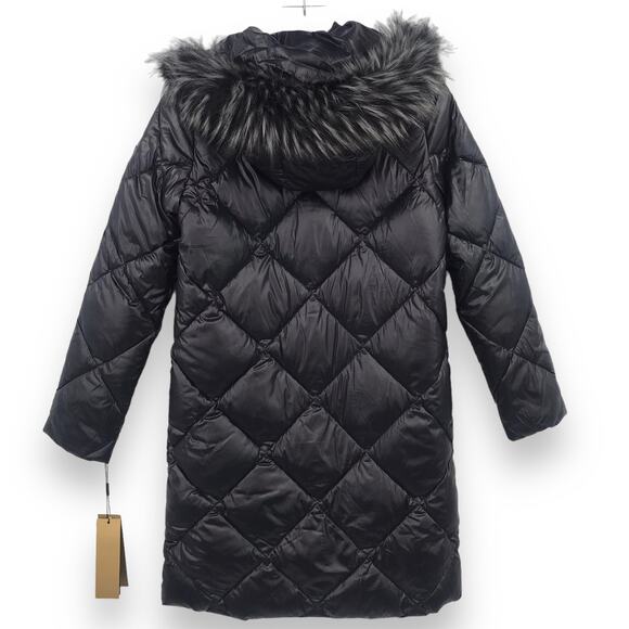 Donna Karan Faux Fur Trim Hooded Puffer Coat XS Long Sleeve Pocket Zip Up NWT - Picture 2 of 7